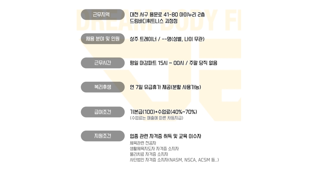 드림바디휘트니스 괴정점 채용정보 : 드림바디휘트니스 괴정점 트레이너 구인 - 알바천국