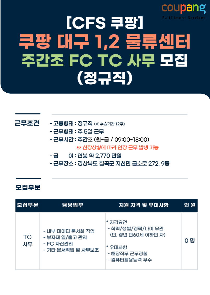 [쿠팡풀필먼트서비스(유)] [쿠팡/CFS] 대구1/2센터 주간조 FC TC 사무 모집 (정규직) - 사람인